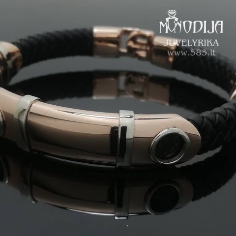 Vyriška rausvo-balto aukso apyrankė su oda. Svoris 40g. Darbas nuo 400€