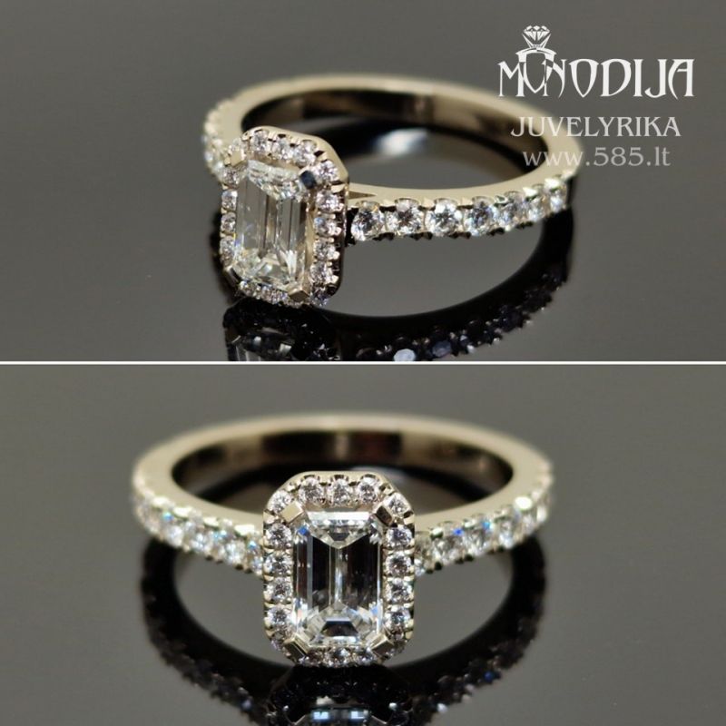 Sužadėtuvių žiedas su Emerald cut deimantu
Svoris: 4g
Darbo kaina: 500€
Briliantai: 0.72ct-6.4*4mm, 14vnt po 0.03ct-1.95mm, 18vnt po 0.007ct-1.15mm - www.585.lt